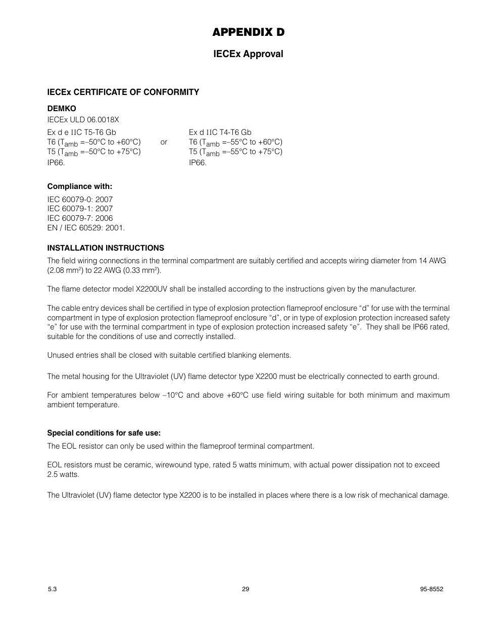 Appendix d, Iecex approval | Det-Tronics X2200 UV Flame Detector with Pulse Output User Manual | Page 31 / 33
