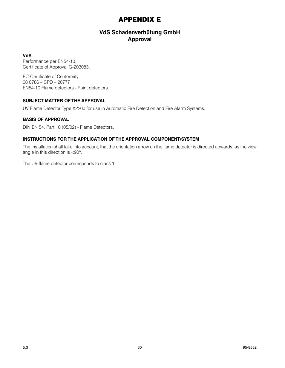 Appendix e, Vds schadenverhütung gmbh approval | Det-Tronics X2200 UV Flame Detector with Pulse Output User Manual | Page 32 / 33