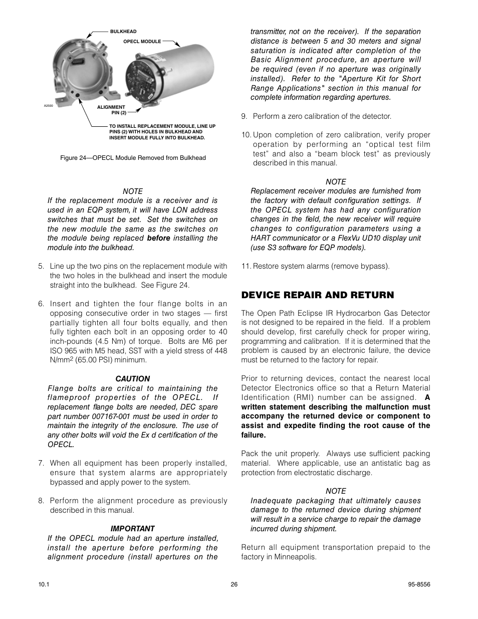Device repair and return | Det-Tronics OPECL Infrared Hydrocarbon Gas Detector User Manual | Page 28 / 49