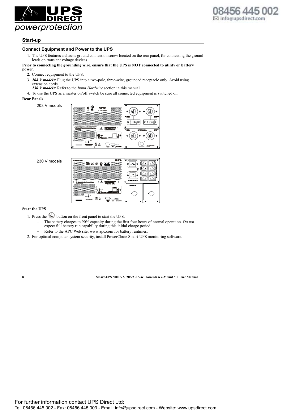 For further information contact ups direct ltd | APC 208 Vac User Manual | Page 12 / 24