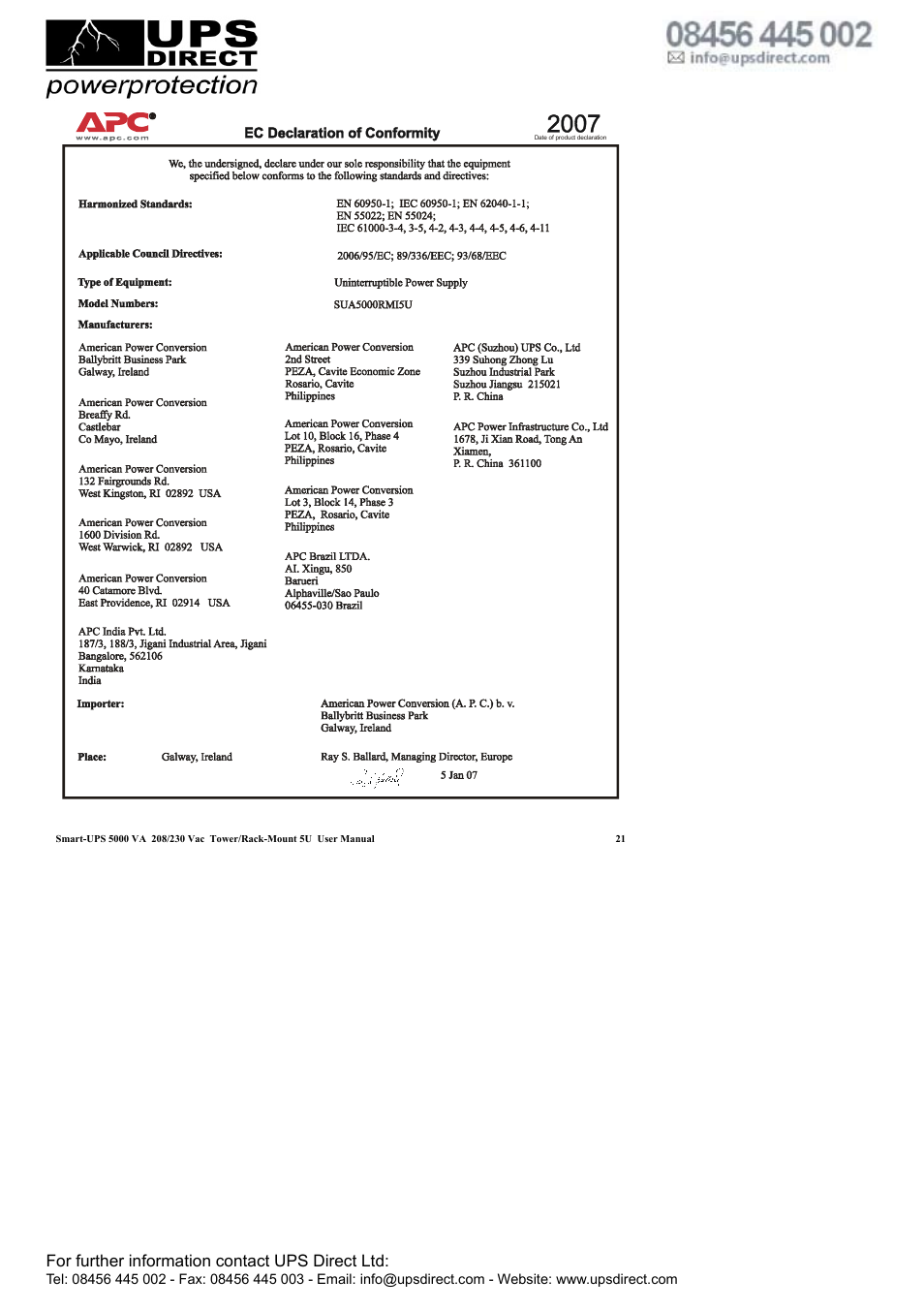 For further information contact ups direct ltd | APC 208 Vac User Manual | Page 24 / 24