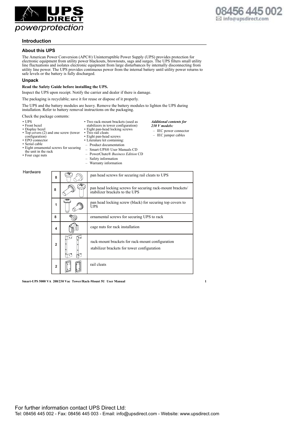 For further information contact ups direct ltd | APC 208 Vac User Manual | Page 5 / 24