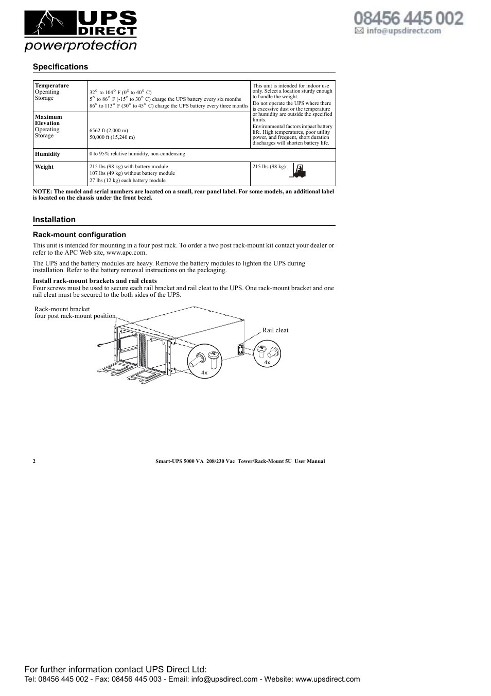 For further information contact ups direct ltd, Specifications, Installation | APC 208 Vac User Manual | Page 6 / 24