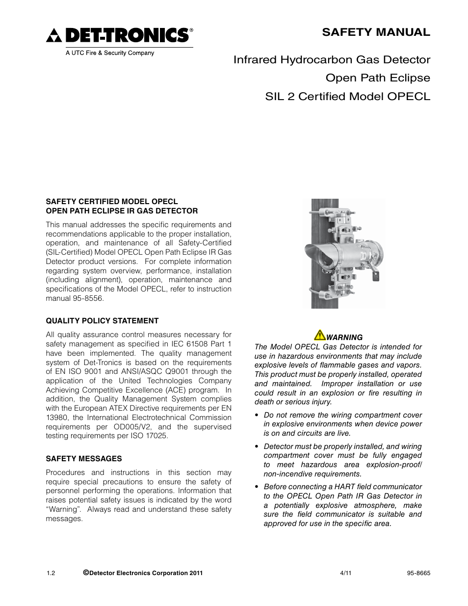 Det-Tronics OPECL Infrared Hydrocarbon Gas Detector SAFETY MANUAL User Manual | 6 pages