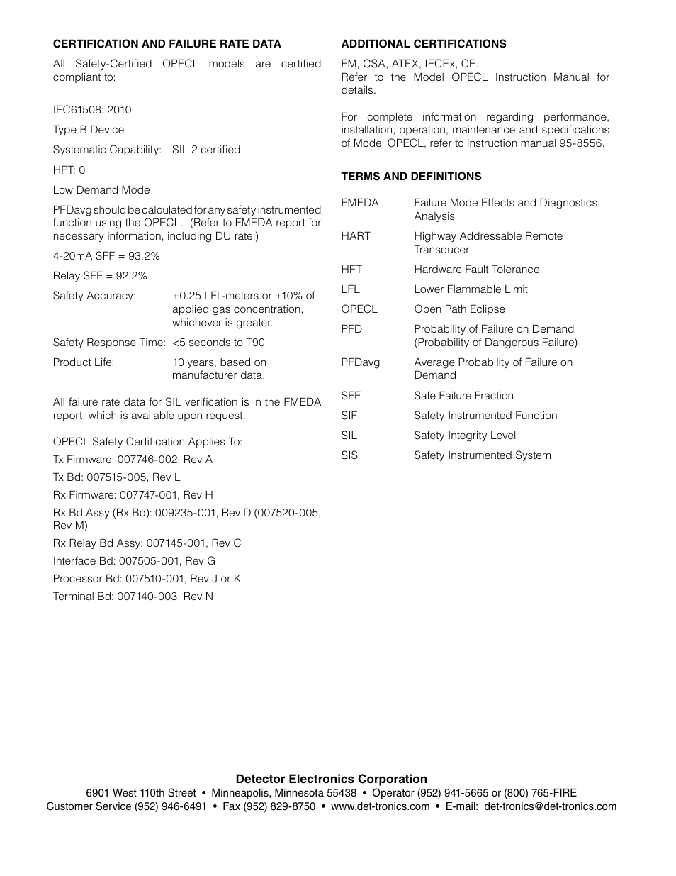 Det-Tronics OPECL Infrared Hydrocarbon Gas Detector SAFETY MANUAL User Manual | Page 6 / 6