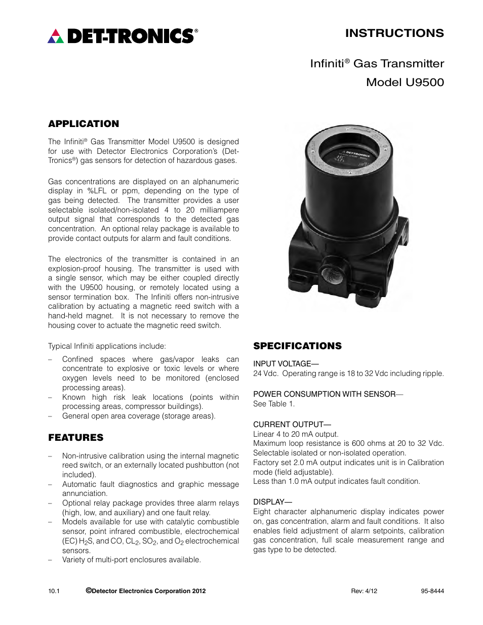 Instructions infiniti, Gas transmitter model u9500 | Det-Tronics U9500 Infiniti Gas Transmitter User Manual | Page 3 / 50