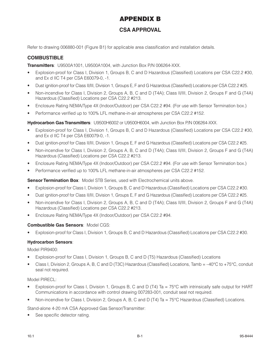 Appendix b, Csa approval | Det-Tronics U9500 Infiniti Gas Transmitter User Manual | Page 40 / 50