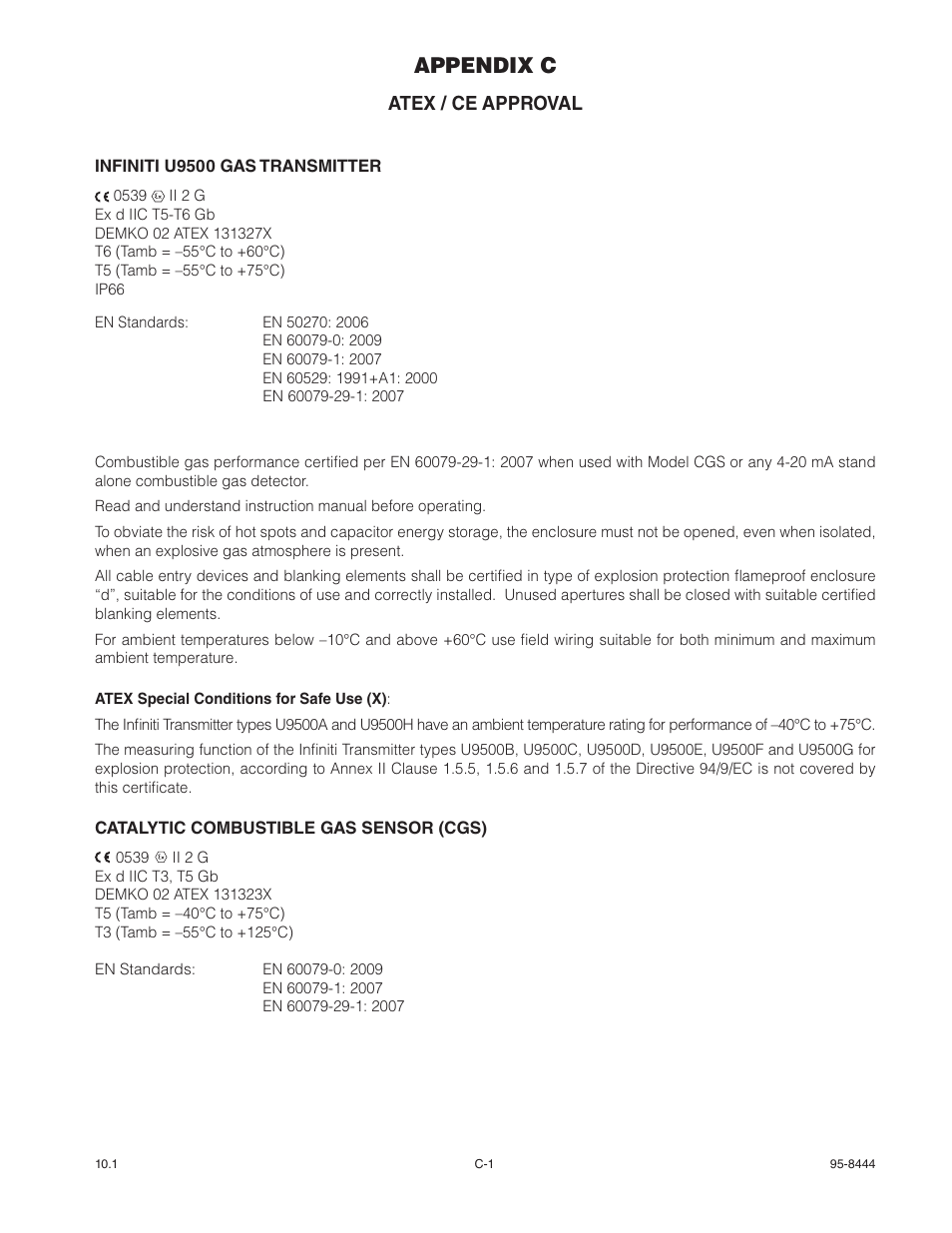 Appendix c, Atex / ce approval | Det-Tronics U9500 Infiniti Gas Transmitter User Manual | Page 44 / 50