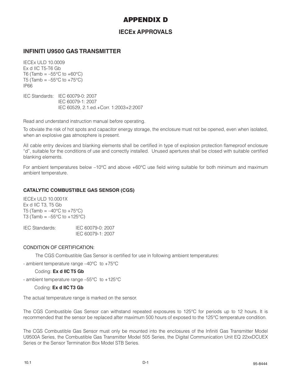 Appendix d, Iecex approvals | Det-Tronics U9500 Infiniti Gas Transmitter User Manual | Page 47 / 50