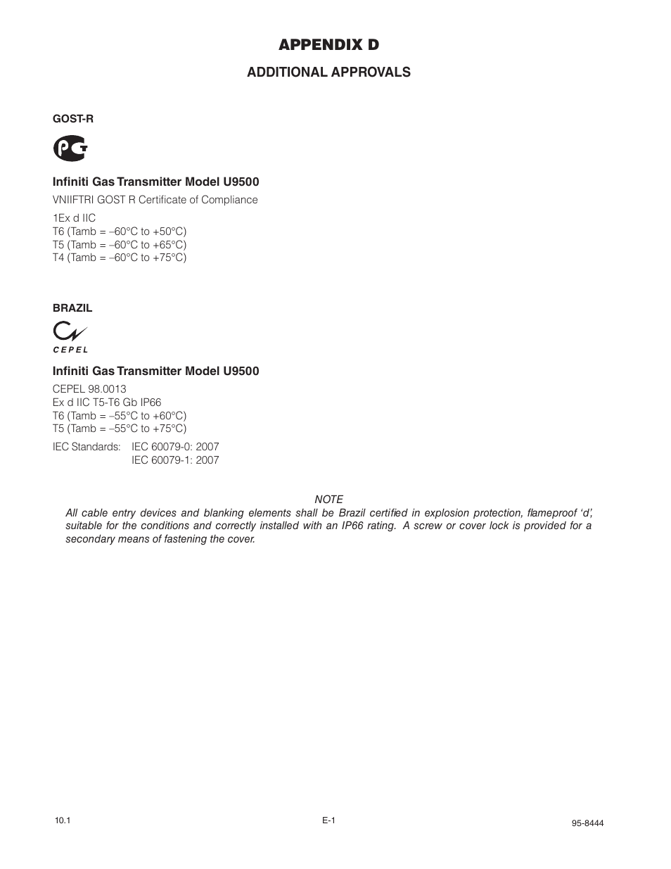 Appendix d, Additional approvals | Det-Tronics U9500 Infiniti Gas Transmitter User Manual | Page 49 / 50