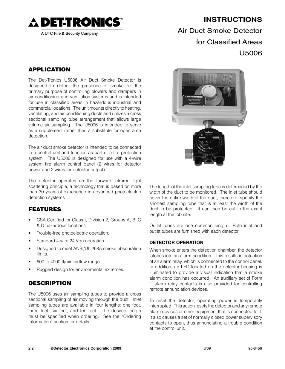 Det-Tronics U5006 Air Duct Smoke Detector User Manual | 8 pages