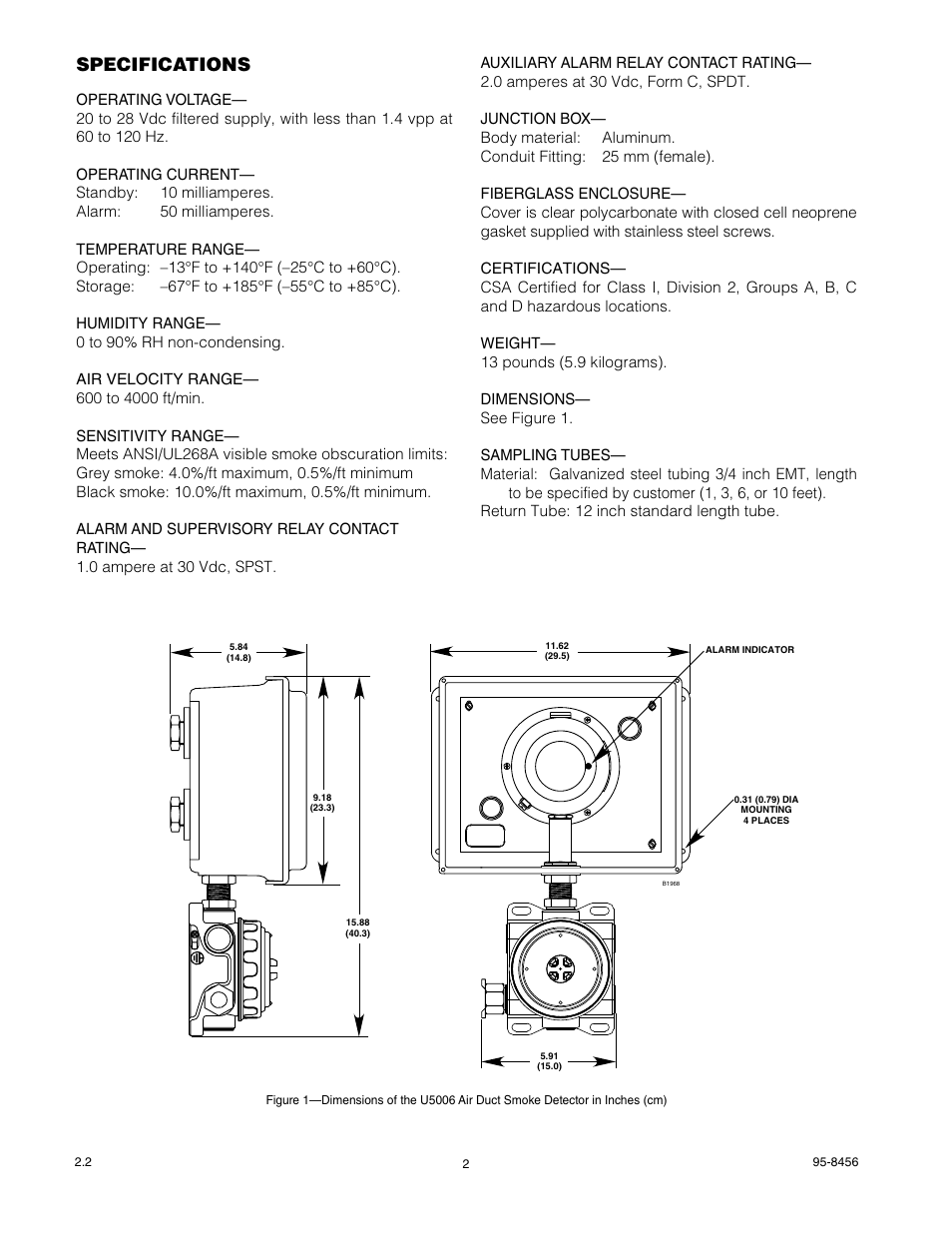Specifications | Det-Tronics U5006 Air Duct Smoke Detector User Manual | Page 2 / 8