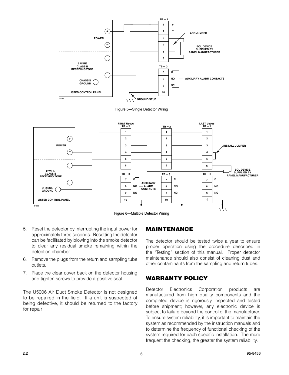 Maintenance, Warranty policy | Det-Tronics U5006 Air Duct Smoke Detector User Manual | Page 6 / 8