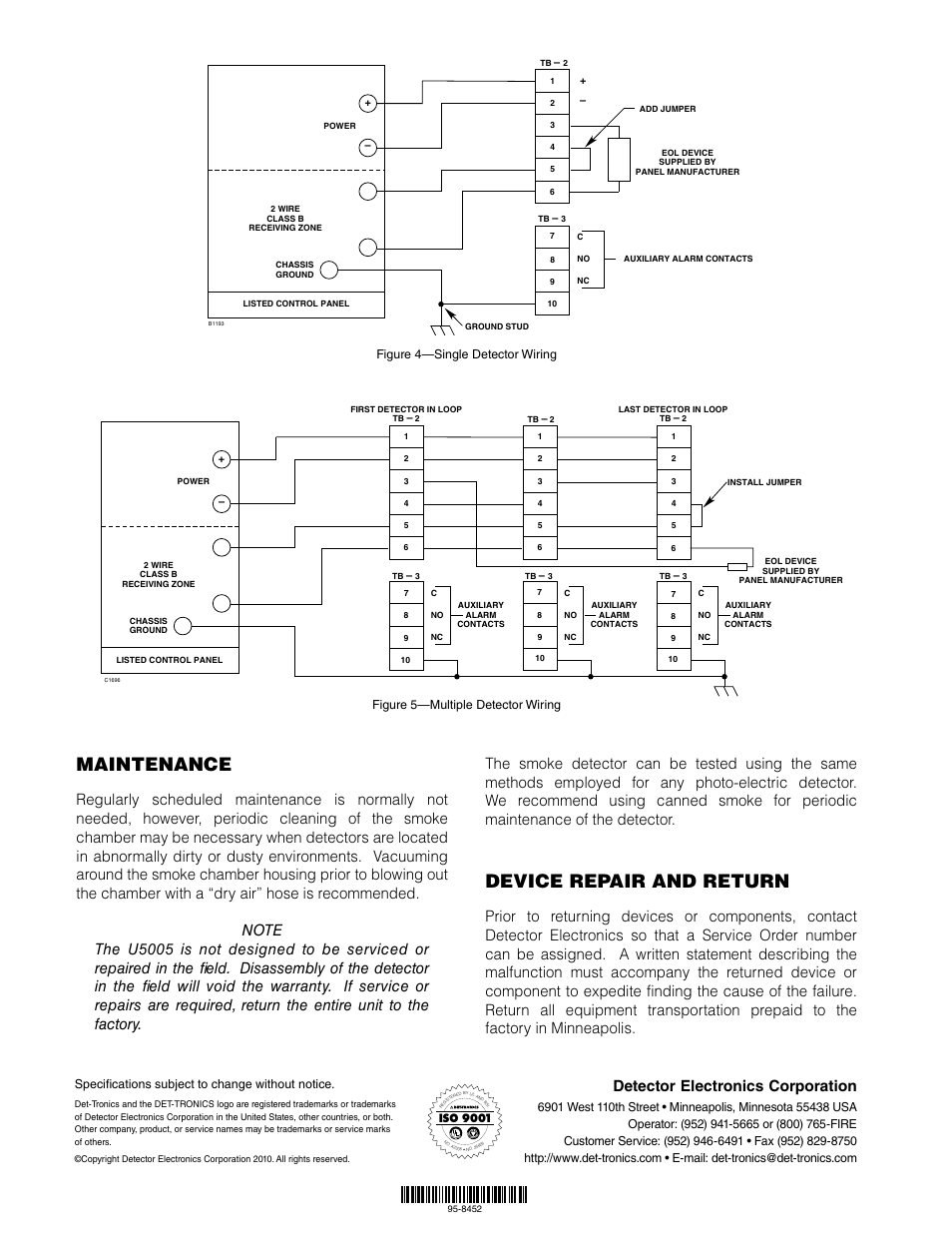 Maintenance, Device repair and return, Detector electronics corporation | Reg is tered fir m | Det-Tronics U5005 Smoke Detector User Manual | Page 4 / 4
