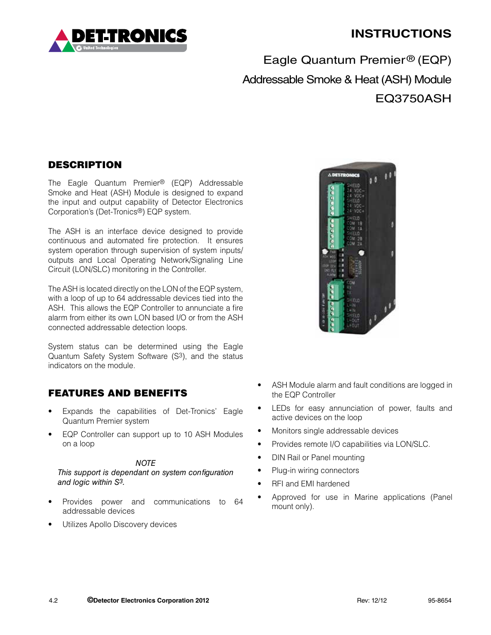 Det-Tronics EQ3750ASH EQP Addressable Smoke & Heat (ASH) Module User Manual | 8 pages