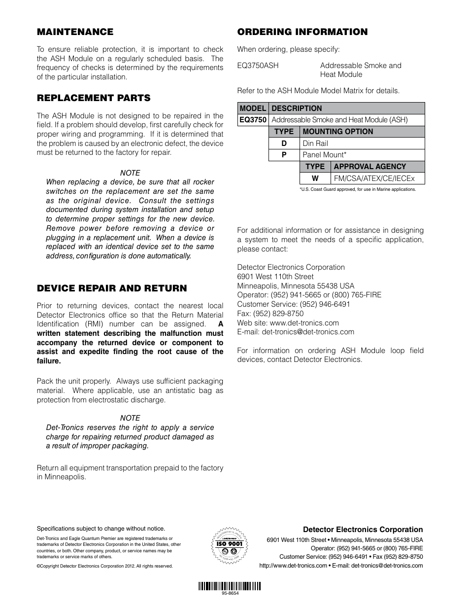 Maintenance, Replacement parts, Device repair and return | Ordering information | Det-Tronics EQ3750ASH EQP Addressable Smoke & Heat (ASH) Module User Manual | Page 8 / 8