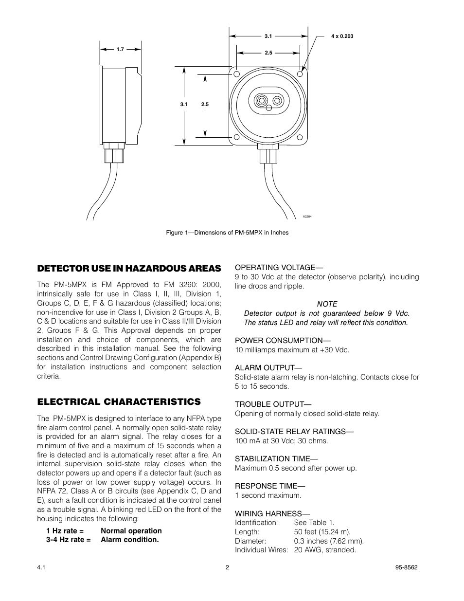 Detector use in hazardous areas, Electrical characteristics | Det-Tronics PM-5MPX Dual Spectrum IR User Manual | Page 4 / 17