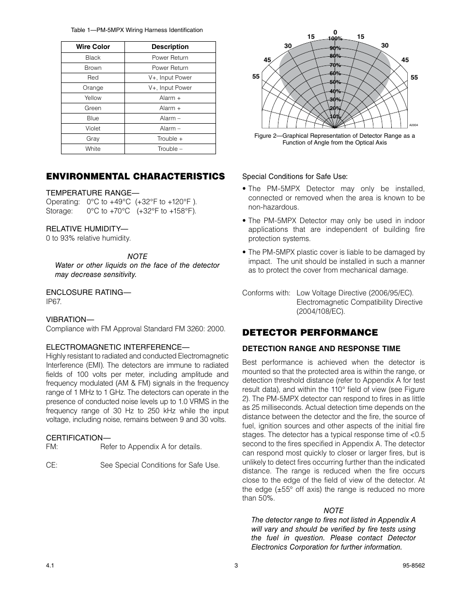 Environmental characteristics, Detector performance | Det-Tronics PM-5MPX Dual Spectrum IR User Manual | Page 5 / 17