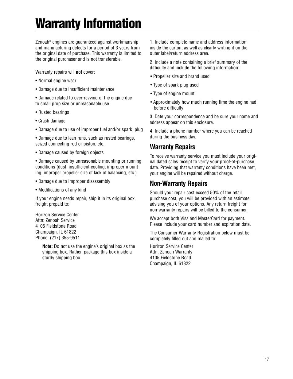 Warranty information, Warranty repairs, Non-warranty repairs | APC Zenoah User Manual | Page 17 / 20