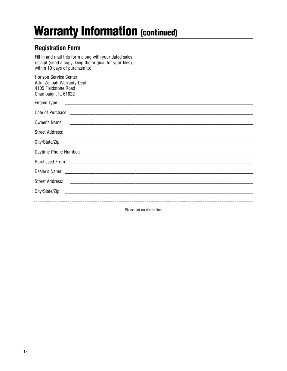 Warranty information, Continued), Registration form | APC Zenoah User Manual | Page 18 / 20