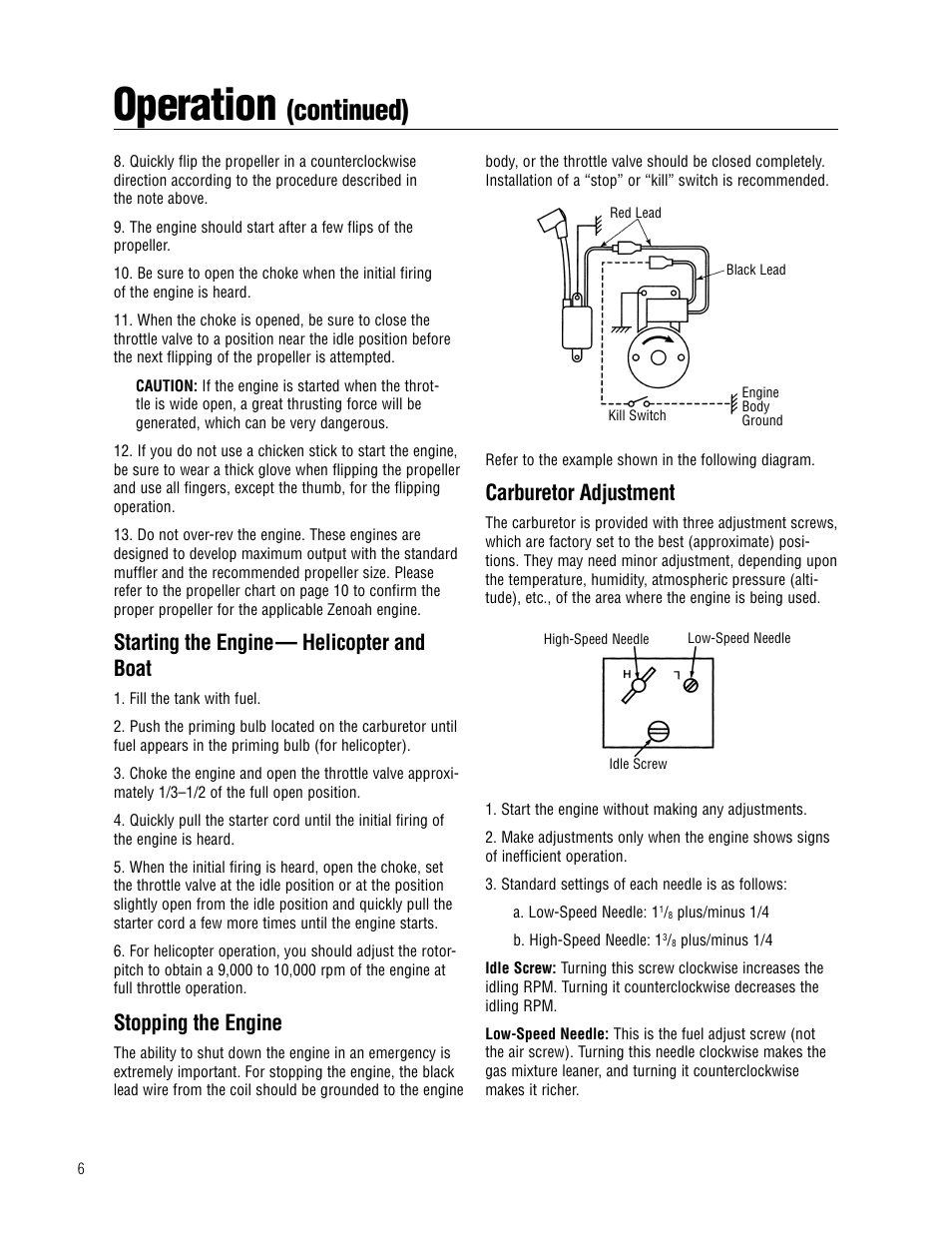 Operation, Continued), Starting the engine— helicopter and boat | Stopping the engine, Carburetor adjustment | APC Zenoah User Manual | Page 6 / 20