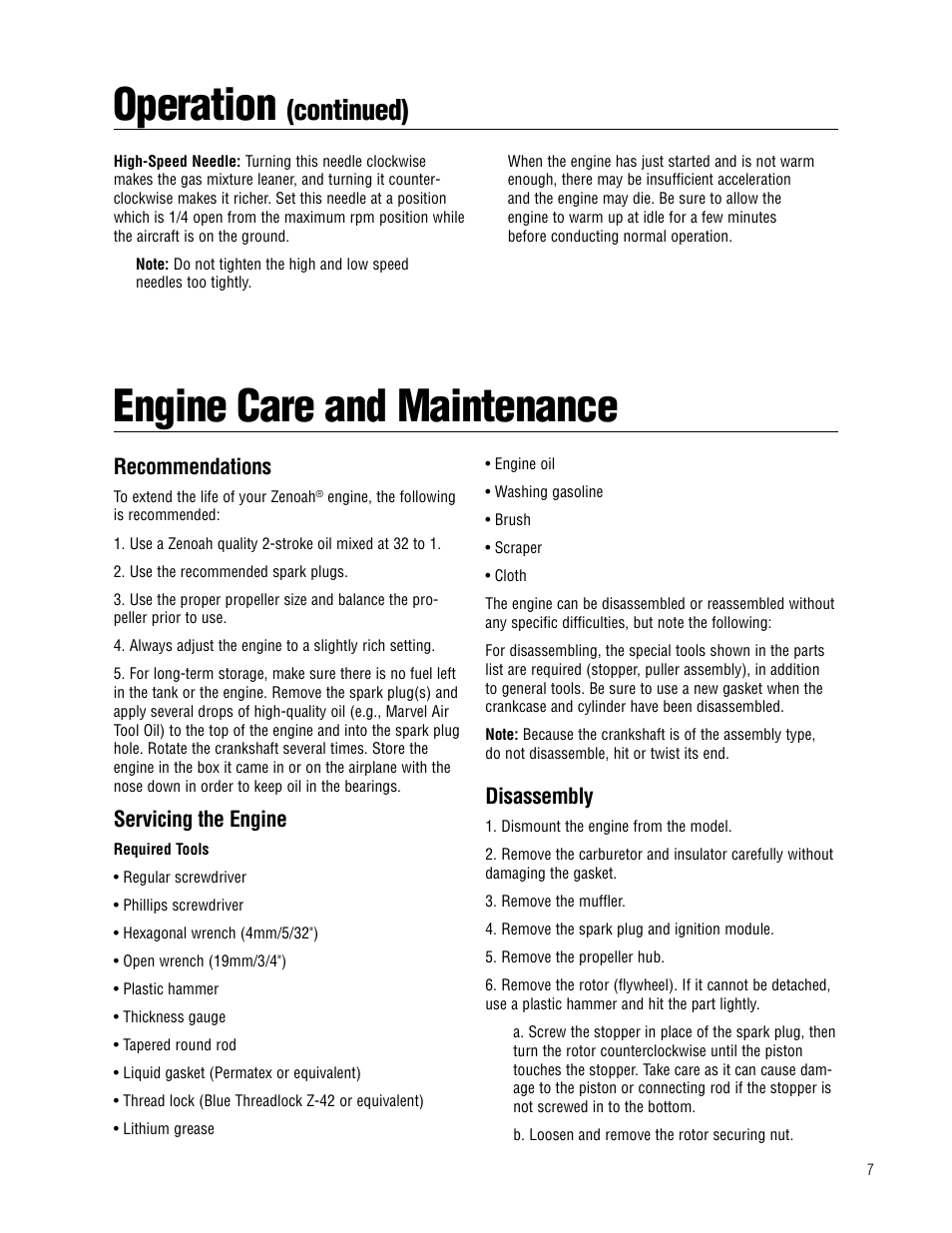 Operation, Engine care and maintenance, Continued) | Recommendations, Servicing the engine, Disassembly | APC Zenoah User Manual | Page 7 / 20