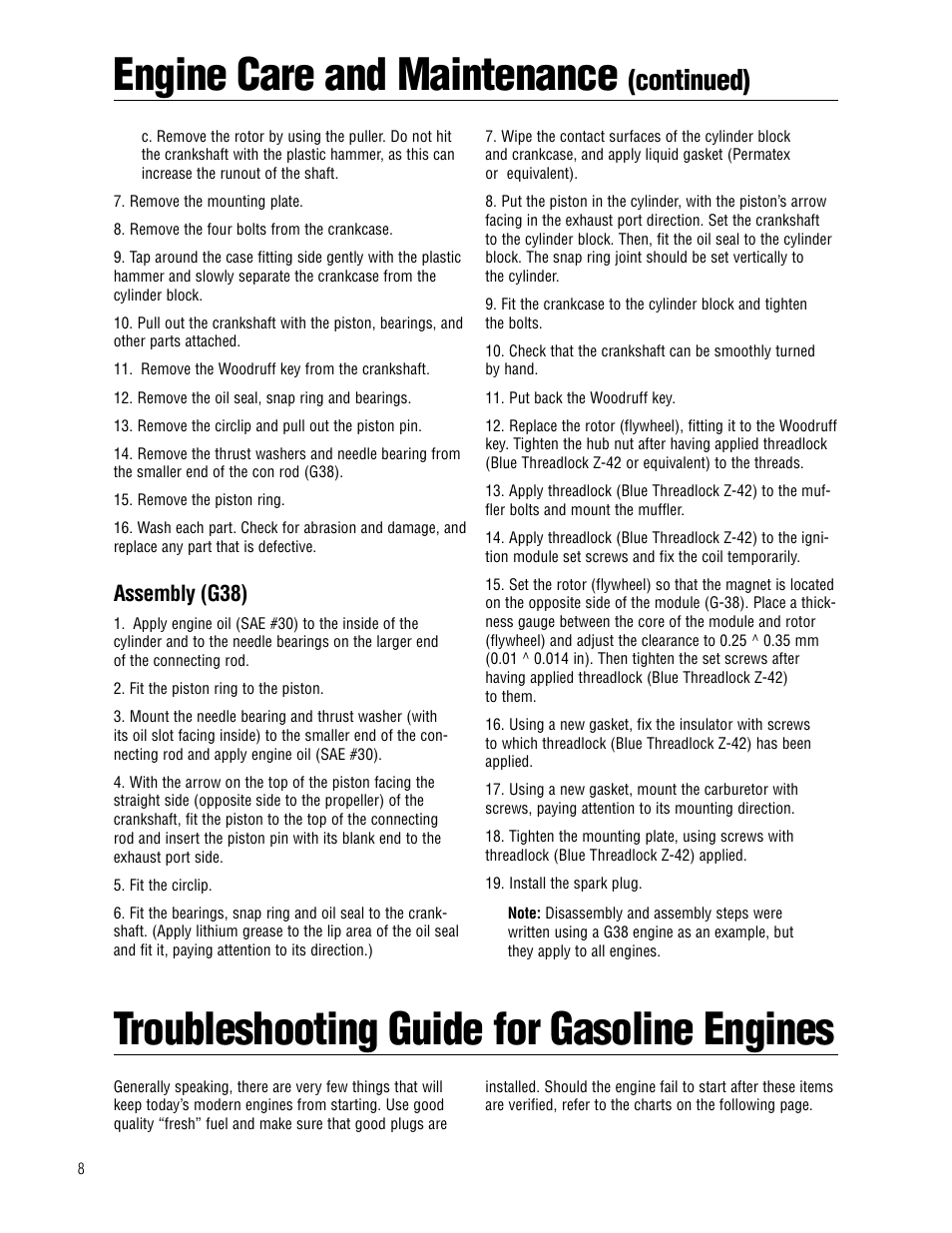 Engine care and maintenance, Troubleshooting guide for gasoline engines, Continued) | Assembly (g38) | APC Zenoah User Manual | Page 8 / 20