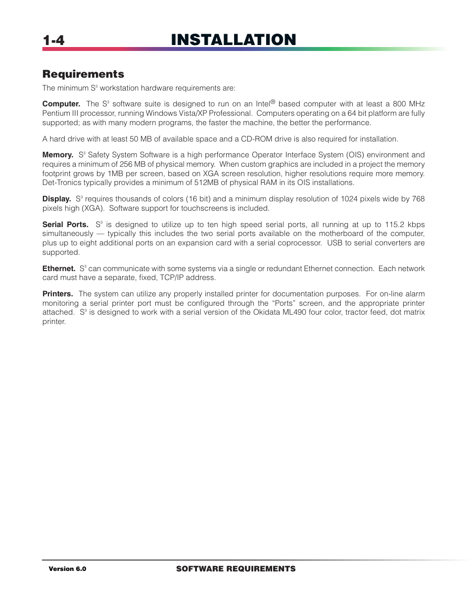 Installation, Installation requirements, Requirements | Det-Tronics S3 Graphics User Manual | Page 13 / 327