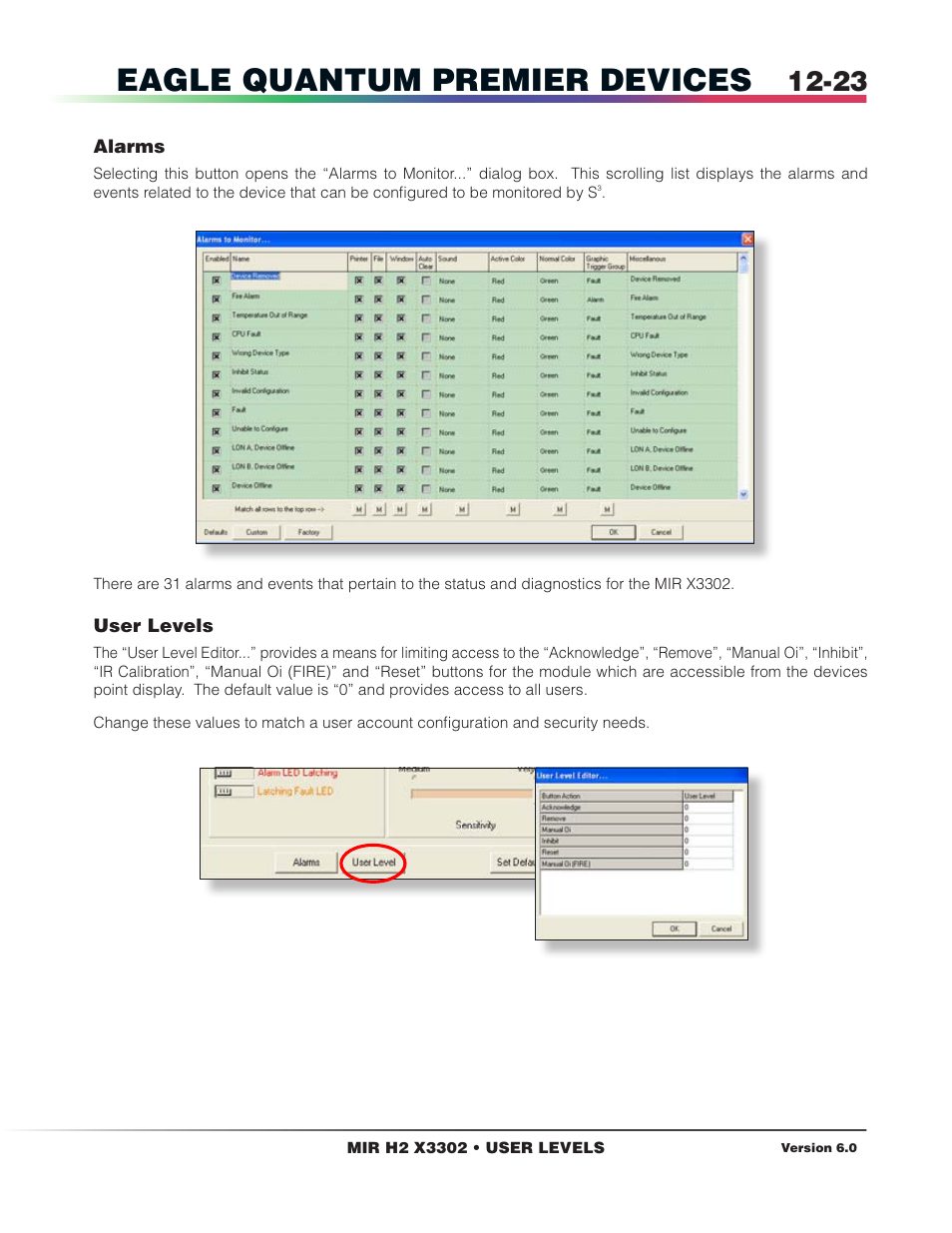 Alarms, User levels, Eagle quantum premier devices | Det-Tronics S3 Graphics User Manual | Page 138 / 327