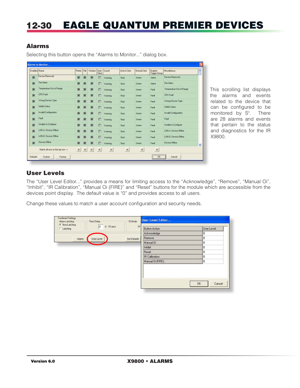 Alarms, User levels, Eagle quantum premier devices | Det-Tronics S3 Graphics User Manual | Page 145 / 327