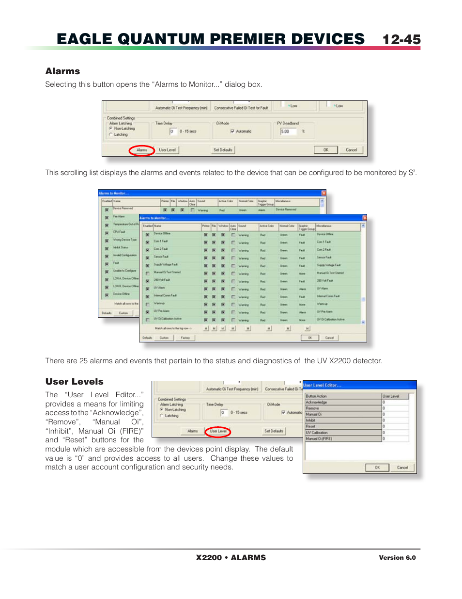Alarms, User levels, Eagle quantum premier devices | Det-Tronics S3 Graphics User Manual | Page 160 / 327