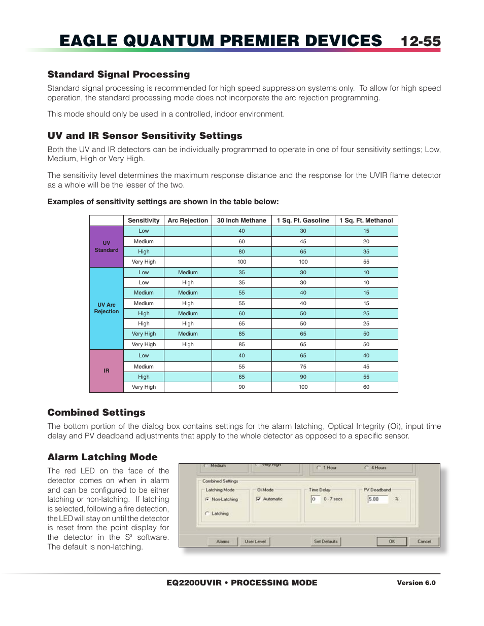Standard signal processing, Eagle quantum premier devices, Uv and ir sensor sensitivity settings | Combined settings, Alarm latching mode | Det-Tronics S3 Graphics User Manual | Page 170 / 327