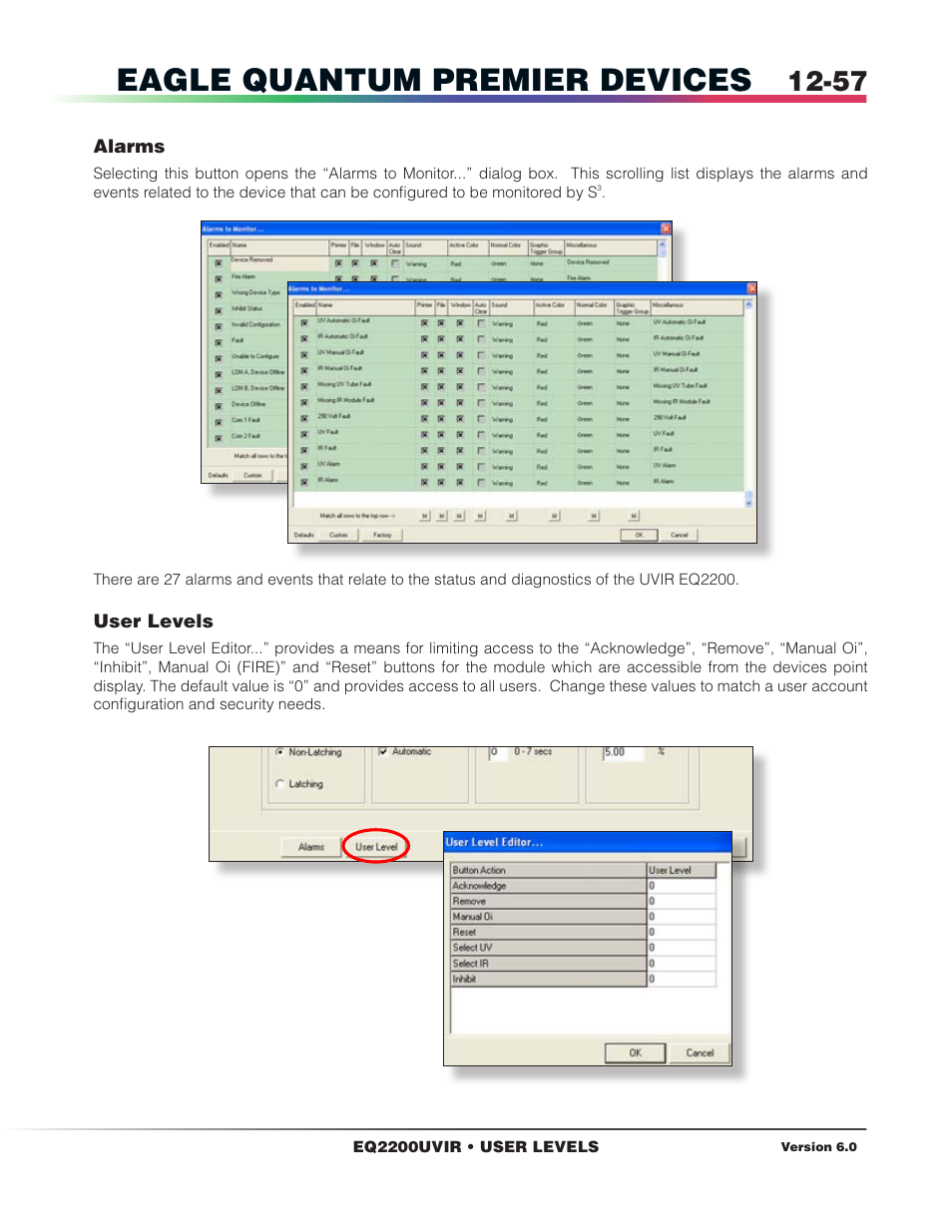 Alarms, User levels, Eagle quantum premier devices | Det-Tronics S3 Graphics User Manual | Page 172 / 327