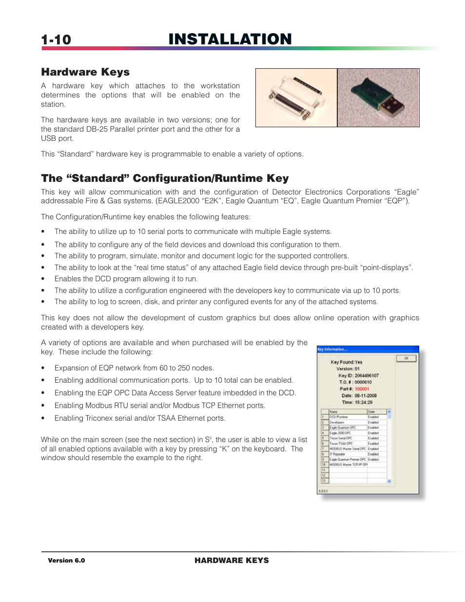 Installation, Hardware keys, The “standard” configuration/runtime key | Det-Tronics S3 Graphics User Manual | Page 19 / 327