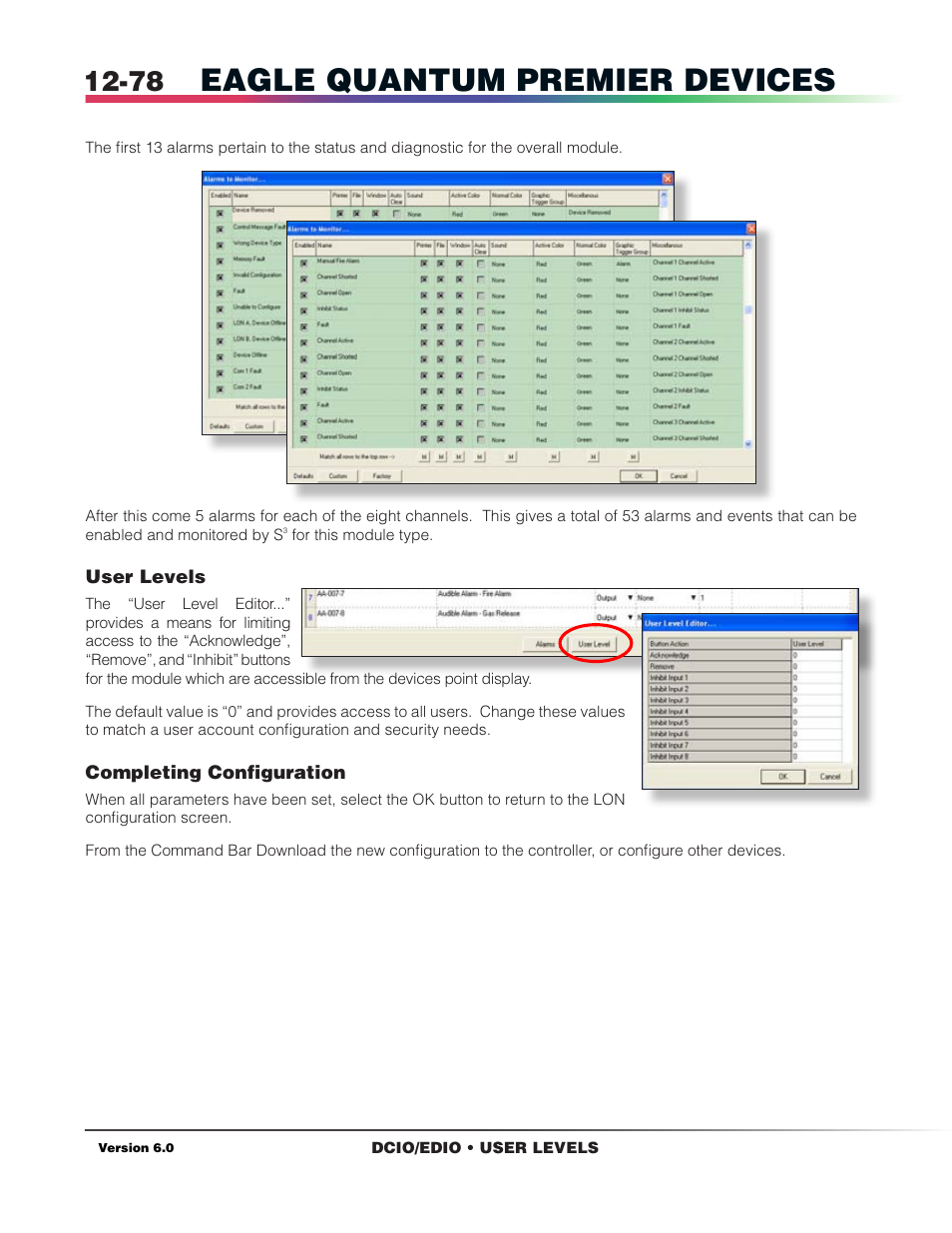 Alarms, User levels, Eagle quantum premier devices | Det-Tronics S3 Graphics User Manual | Page 193 / 327