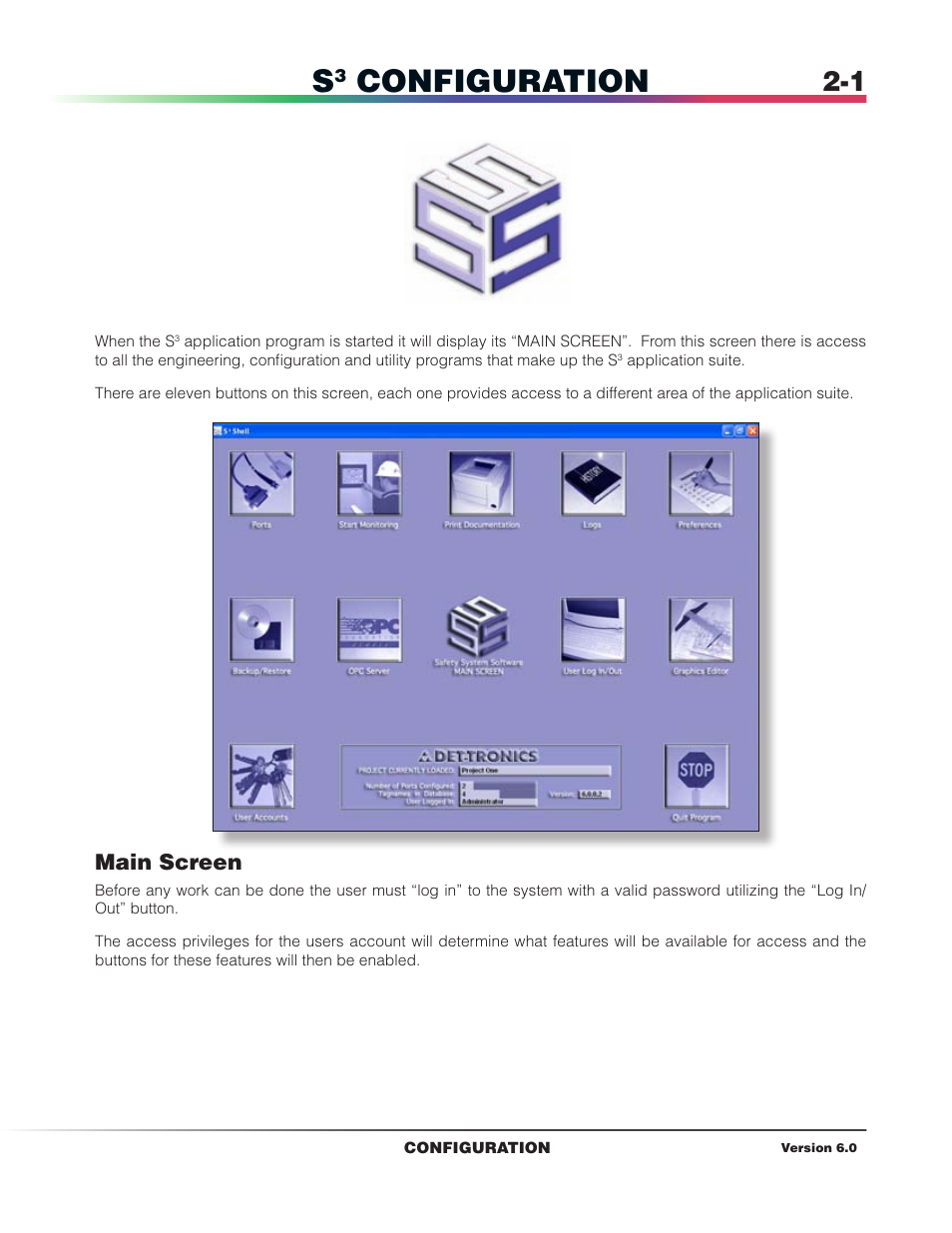 S3 configuration, Main screen, Configuration | Det-Tronics S3 Graphics User Manual | Page 20 / 327