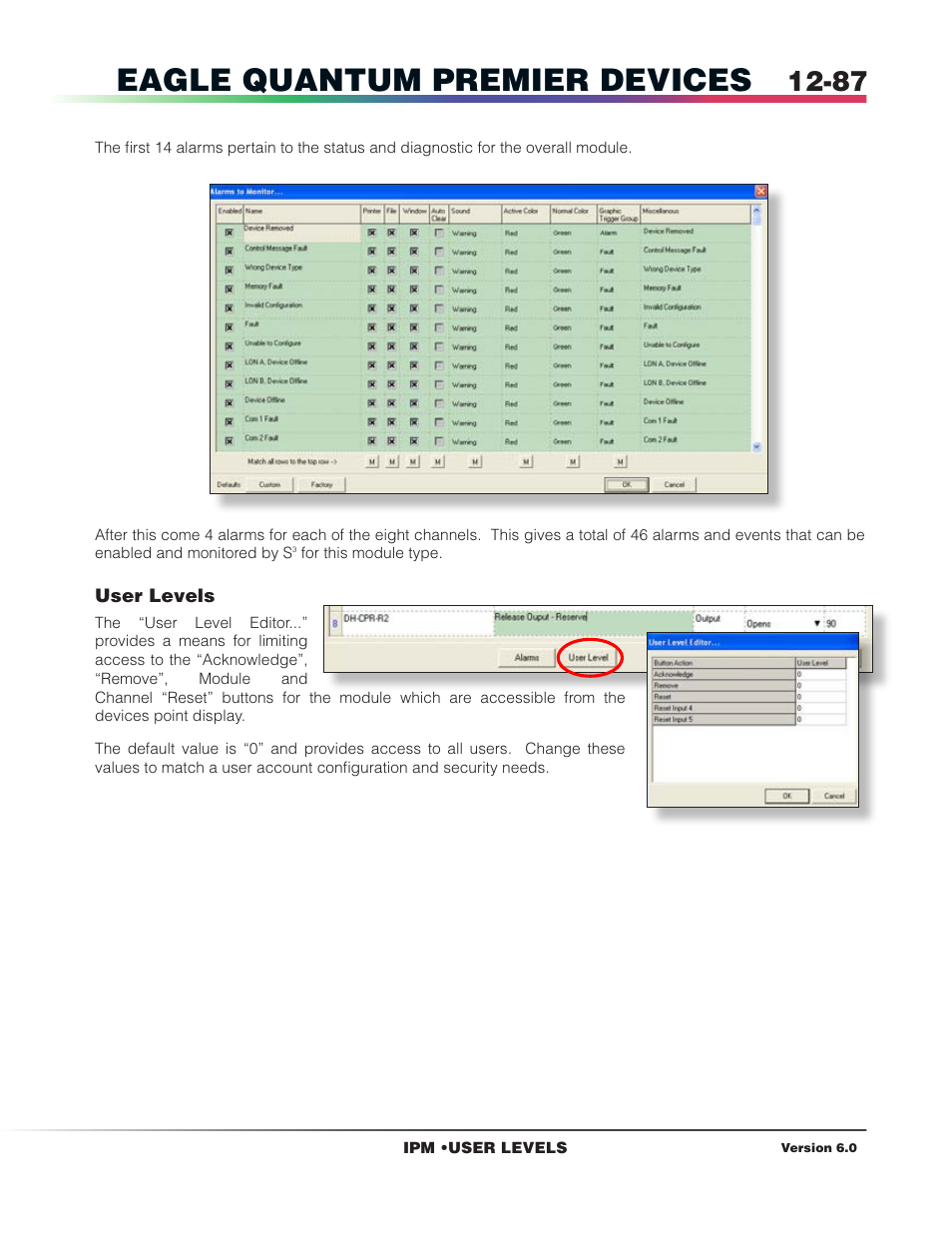 User levels, Eagle quantum premier devices | Det-Tronics S3 Graphics User Manual | Page 202 / 327