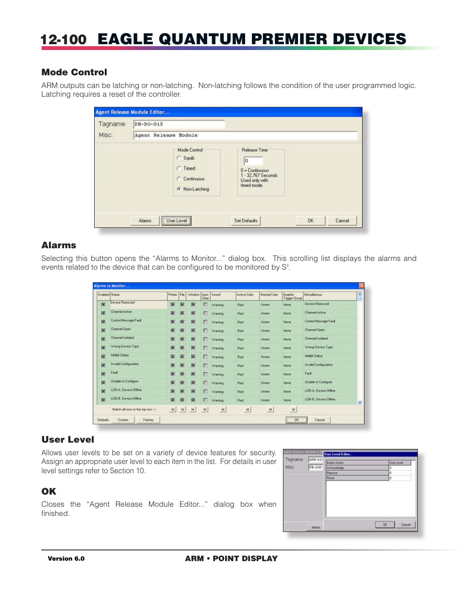 Mode control, Alarms, User level | Eagle quantum premier devices | Det-Tronics S3 Graphics User Manual | Page 215 / 327