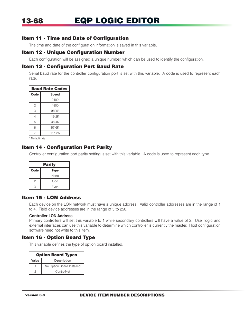 Eqp logic editor, Item 11 - time and date of configuration, Item 12 - unique configuration number | Item 13 - configuration port baud rate, Item 14 - configuration port parity, Item 15 - lon address, Item 16 - option board type | Det-Tronics S3 Graphics User Manual | Page 293 / 327