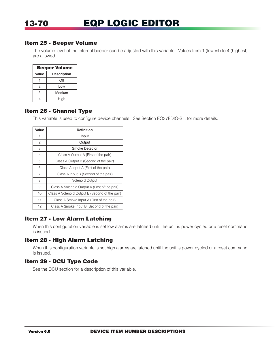 Eqp logic editor, Item 25 - beeper volume, Item 26 - channel type | Item 27 - low alarm latching, Item 28 - high alarm latching, Item 29 - dcu type code | Det-Tronics S3 Graphics User Manual | Page 295 / 327