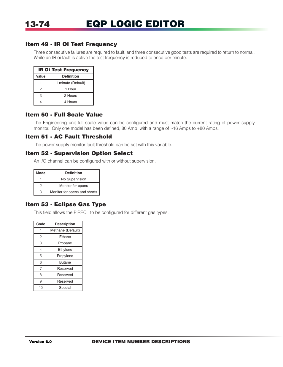 Eqp logic editor, Item 49 - ir oi test frequency, Item 50 - full scale value | Item 51 - ac fault threshold, Item 52 - supervision option select, Item 53 - eclipse gas type | Det-Tronics S3 Graphics User Manual | Page 299 / 327