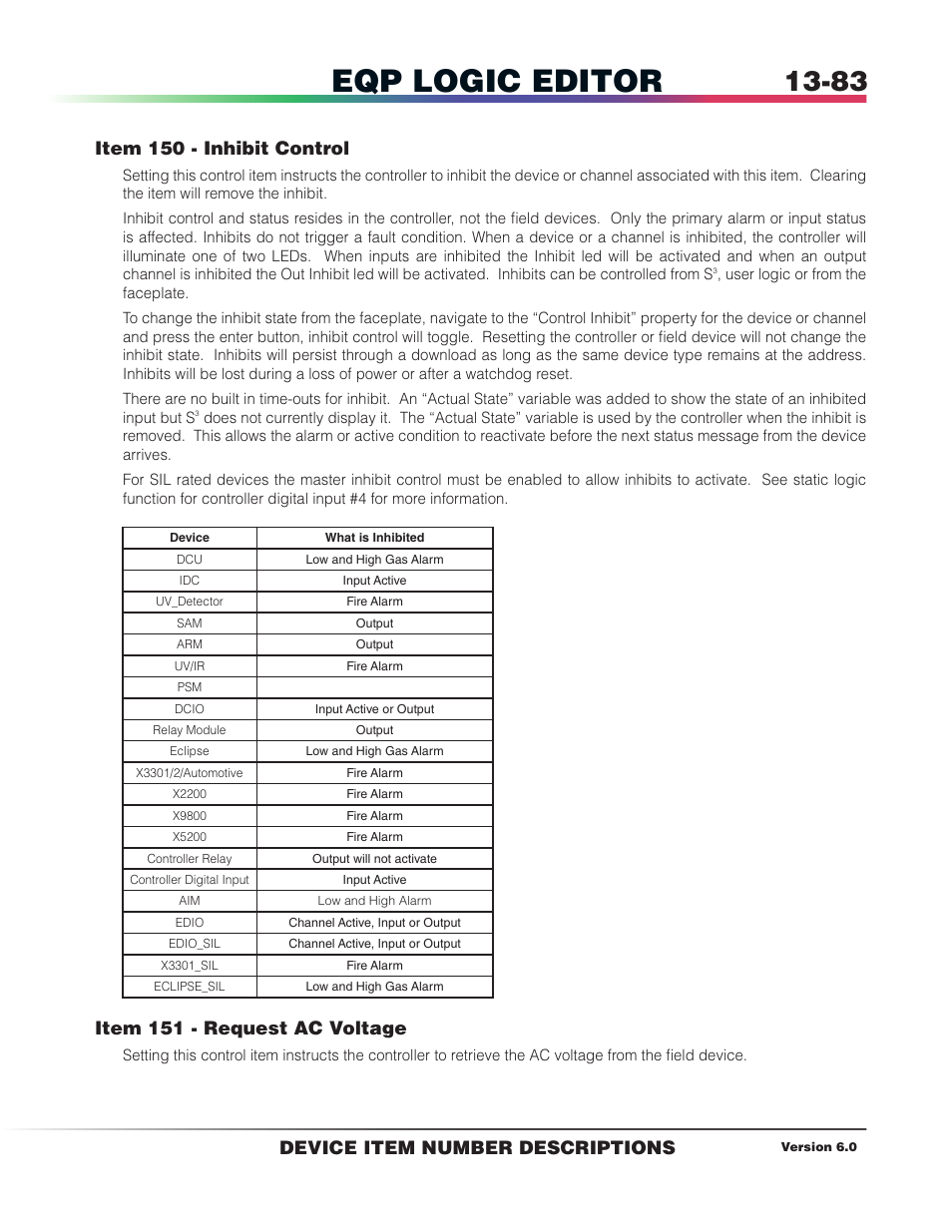 Eqp logic editor, Item 150 - inhibit control, Item 151 - request ac voltage | Device item number descriptions | Det-Tronics S3 Graphics User Manual | Page 308 / 327