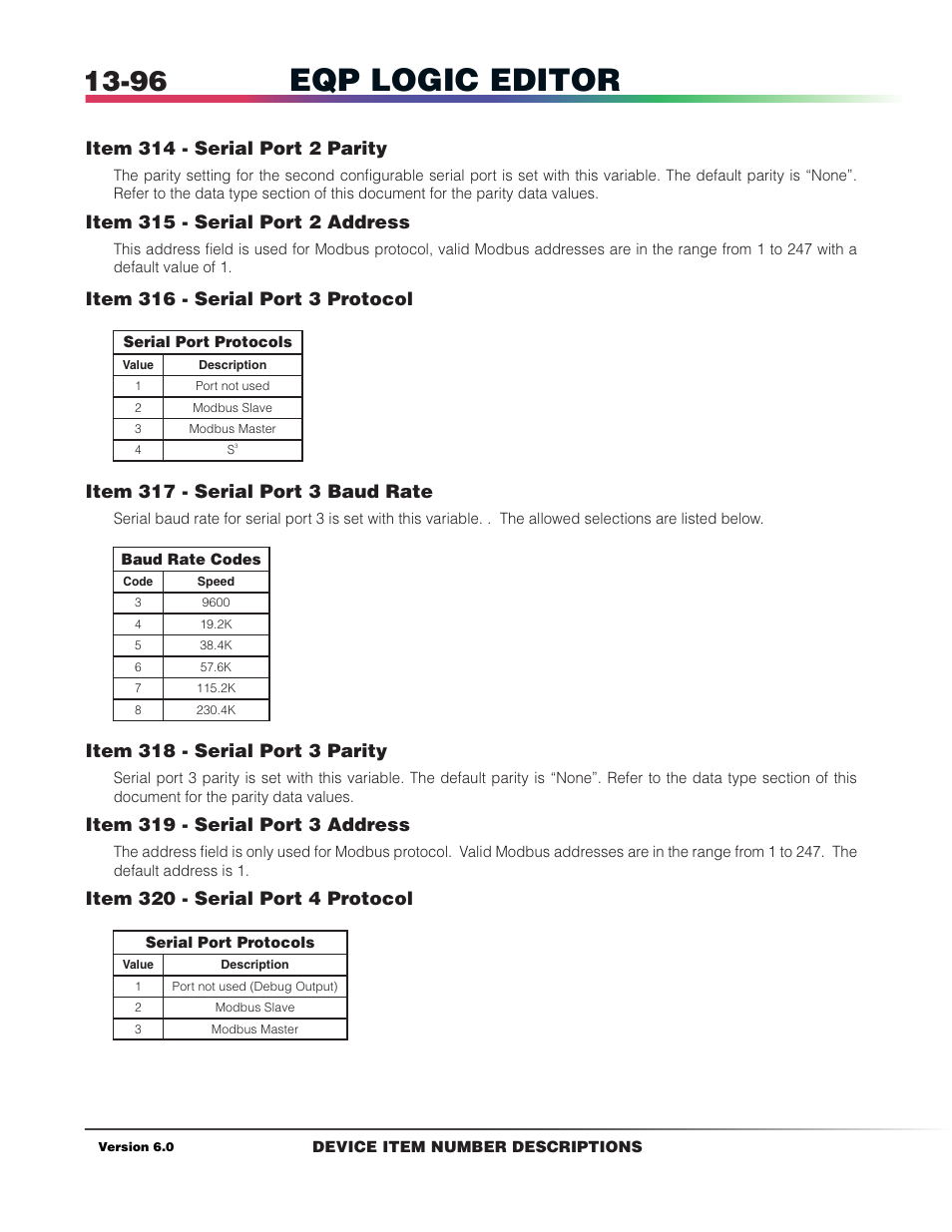 Eqp logic editor, Item 314 - serial port 2 parity, Item 315 - serial port 2 address | Item 316 - serial port 3 protocol, Item 317 - serial port 3 baud rate, Item 318 - serial port 3 parity, Item 319 - serial port 3 address, Item 320 - serial port 4 protocol | Det-Tronics S3 Graphics User Manual | Page 321 / 327