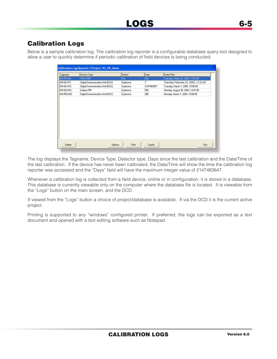 Calibration logs, Logs | Det-Tronics S3 Graphics User Manual | Page 44 / 327