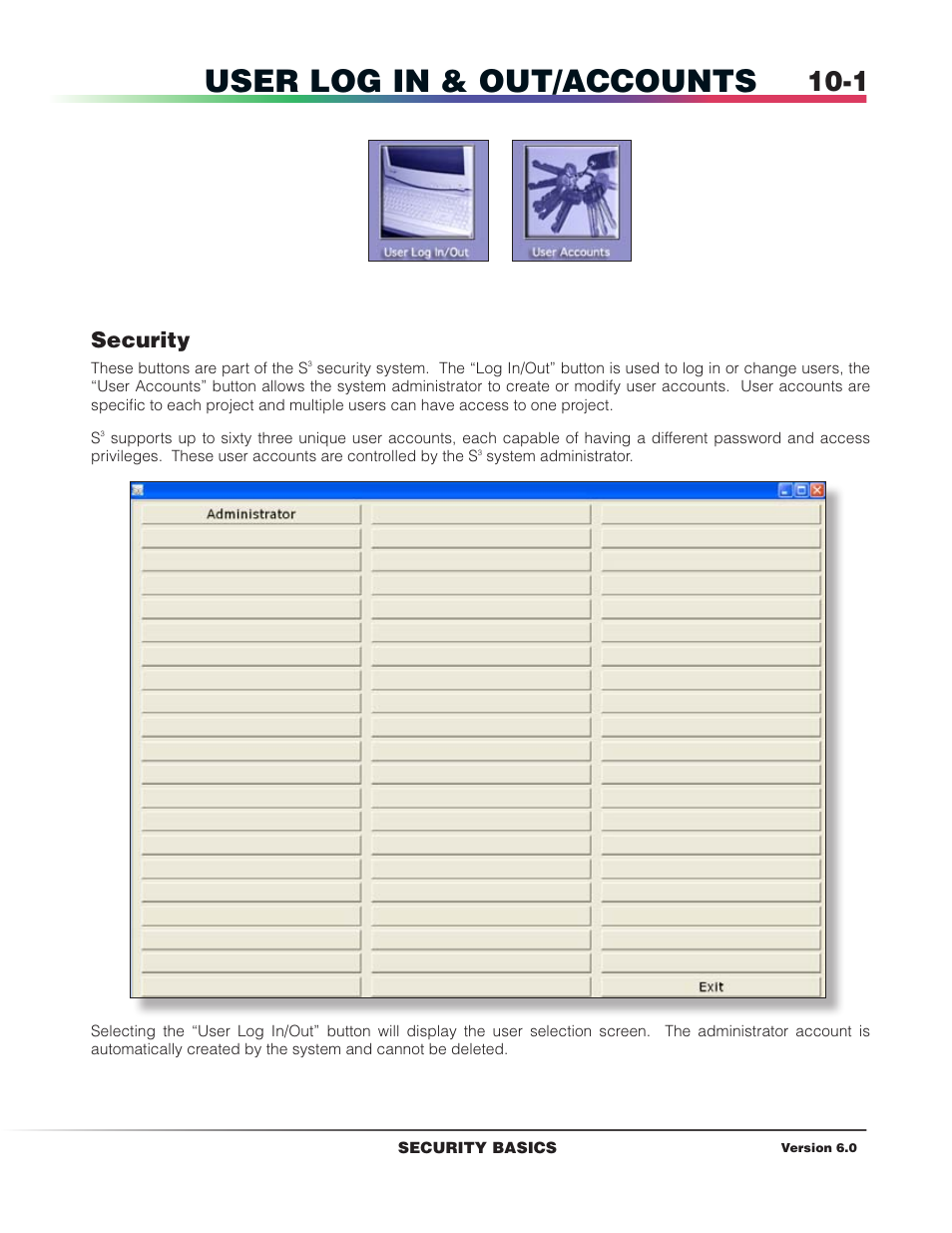 User log in & log out/accounts, Security, User log in & out/accounts | Det-Tronics S3 Graphics User Manual | Page 76 / 327