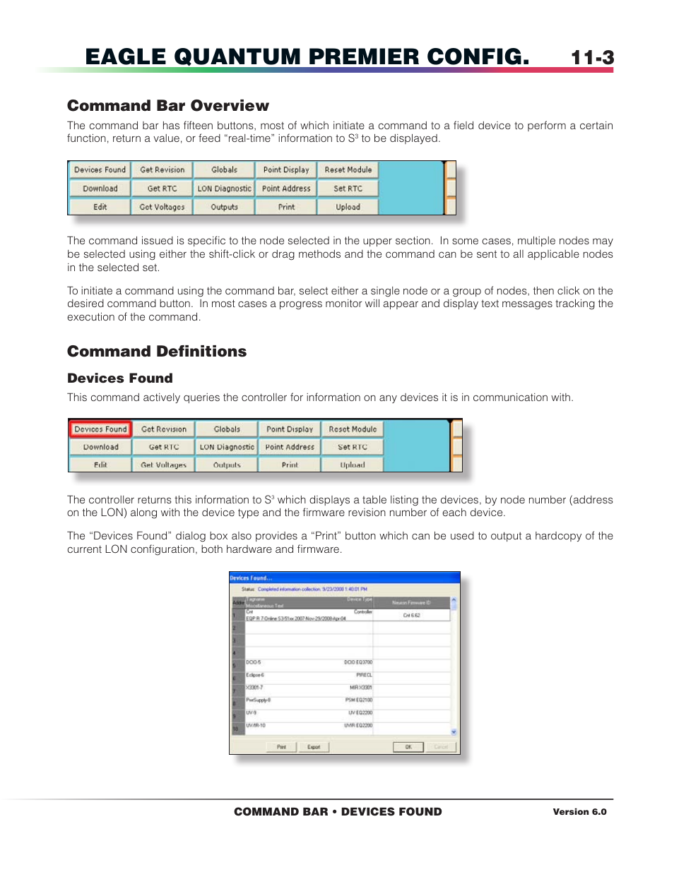 Command bar definitions, Devices found, Eagle quantum premier config | Command bar overview, Command definitions | Det-Tronics S3 Graphics User Manual | Page 84 / 327