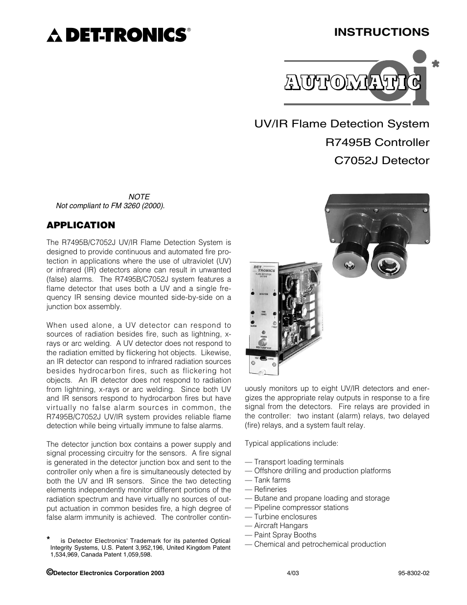 Det-Tronics C7052J UV/IR Flame Detector used with R7494, R7495 Controller User Manual | 24 pages
