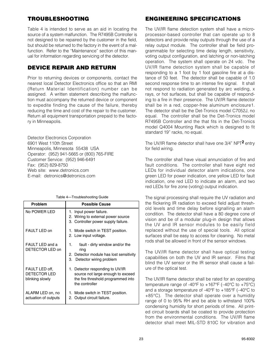 Troubleshooting, Device repair and return, Engineering specifications | Det-Tronics C7052J UV/IR Flame Detector used with R7494, R7495 Controller User Manual | Page 23 / 24