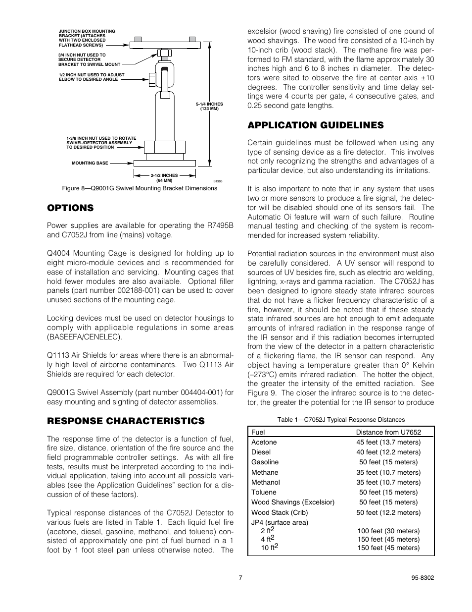 Options, Response characteristics, Application guidelines | Det-Tronics C7052J UV/IR Flame Detector used with R7494, R7495 Controller User Manual | Page 7 / 24