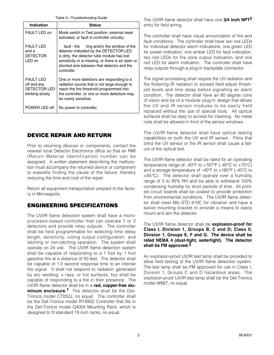 Device repair and return, Engineering specifications | Det-Tronics R7495D UV/IR Flame Detection System User Manual | Page 25 / 26